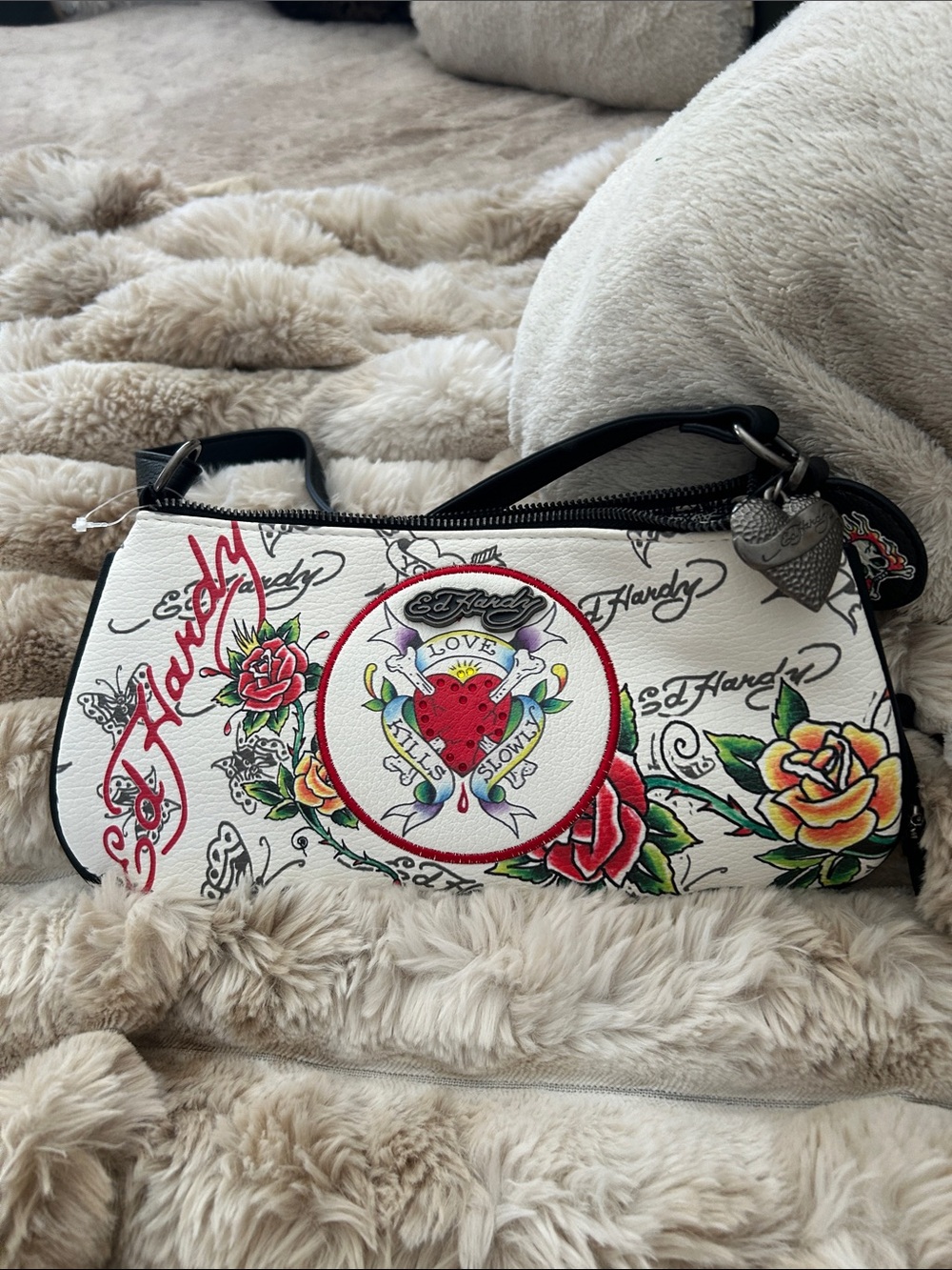 Ed Hardy White Tattoo-Print Mini Shoulder Bag with Red & Yellow Roses